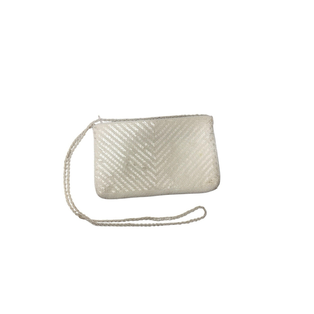 Andre Cellini White Beaded Chevron Pattern Evening Bag purse with Beaded Strap